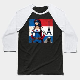 Francais: Female Gritty 80's Comic Book Hero with Sloth Baseball T-Shirt